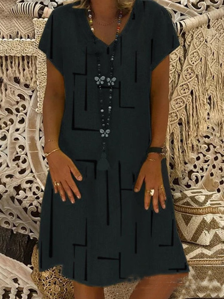 Geometric Pattern V Neck A Line Midi Dress