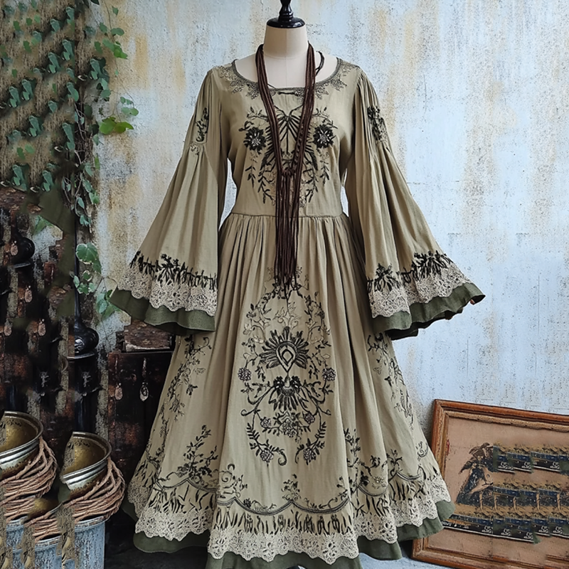 Women's Vintage Tribal Viking Patchwork Maxi Dress