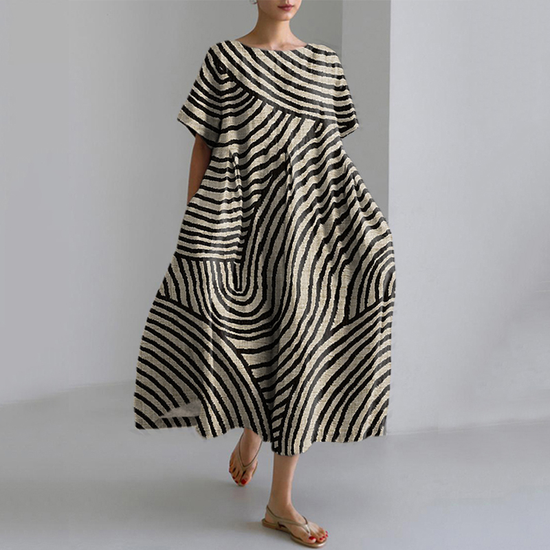 Women's Abstract Art Striped Print Vintage Linen Blend Dress