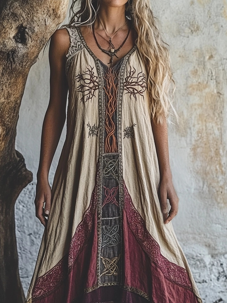 Vintage Viking Tree Of Life Embroidered Patchwork Linen Dress