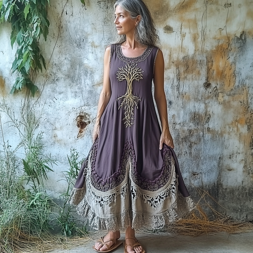 Women's Vintage Tribal Tree Of Life Patchwork Linen Blend Midi Dress